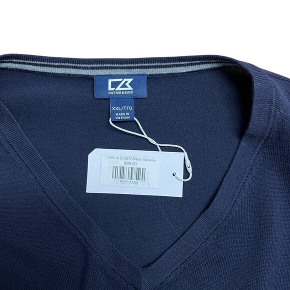 CUTTER & BUCK V-NECK SWEATER PREPPY KNIT DARK ACADEMIA MENS XXL NEW CLASSIC BLUE - Picture 3 of 6